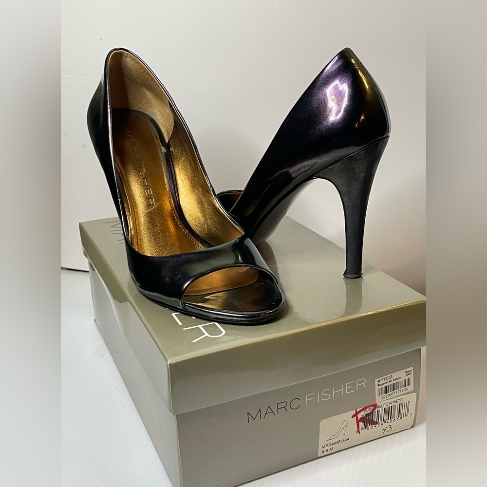 Metallic purple, peep-toe, heels. Size 8.5. 3” heel.